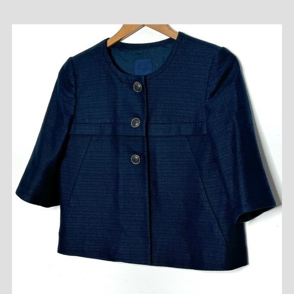 J Crew Blazer Cropped Jacket 3 Button Closure Navy Blue Textured Elbow Sleeves 8 - Picture 2 of 9
